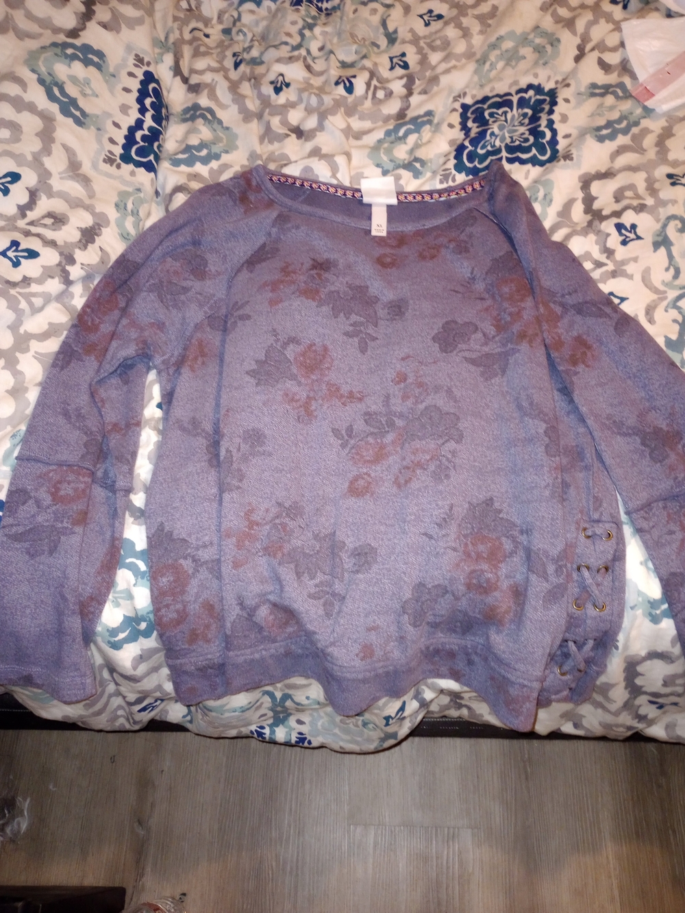 Knox Rose Lavender Floral Crewneck Sweater with Lace-Up Sleeve